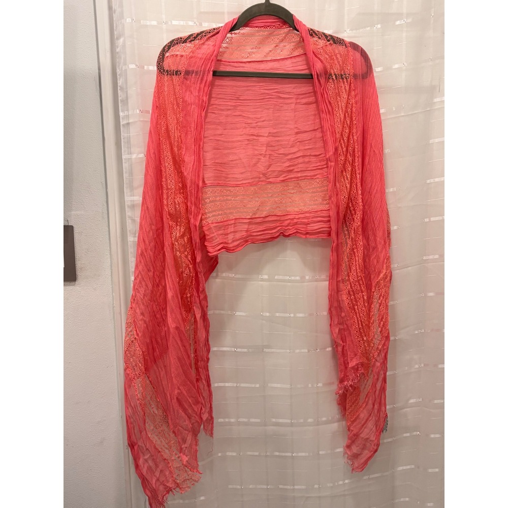 Nicole Marciano Coral Pink Silk Blend Crinkle Lace Trim Scarf Wrap